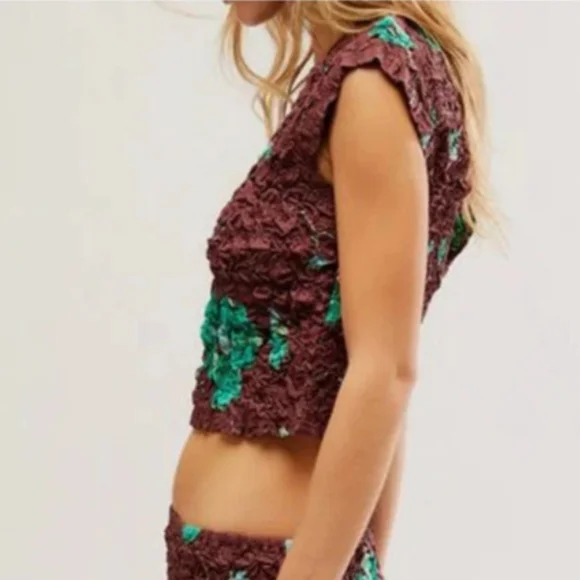 Free People Chocolate Smocked Floral Carino Top - Picture 5 of 11